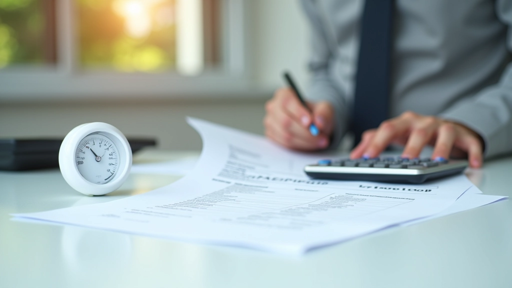 Energiezähler und Stromrechnung auf weißem Schreibtisch mit rechnerischen Notizen