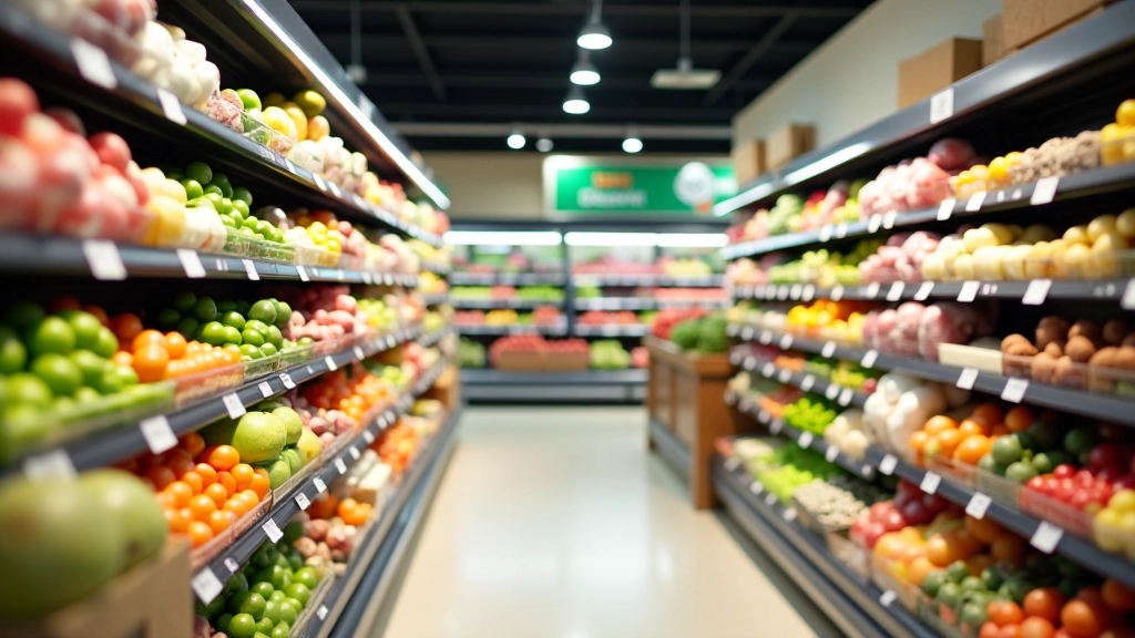Supermarkt-Regale mit verschiedenen Lebensmitteln und Preisschildern