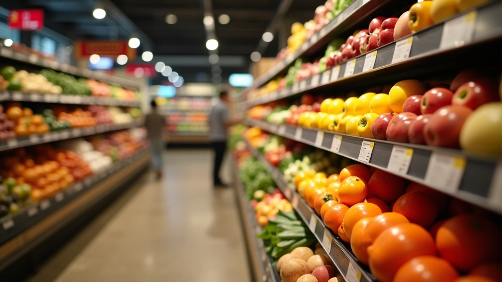 Supermarkt-Regale mit verschiedenen Lebensmitteln, die Preisschildern zeigen unterschiedliche Preise für HVPI-Kategorien