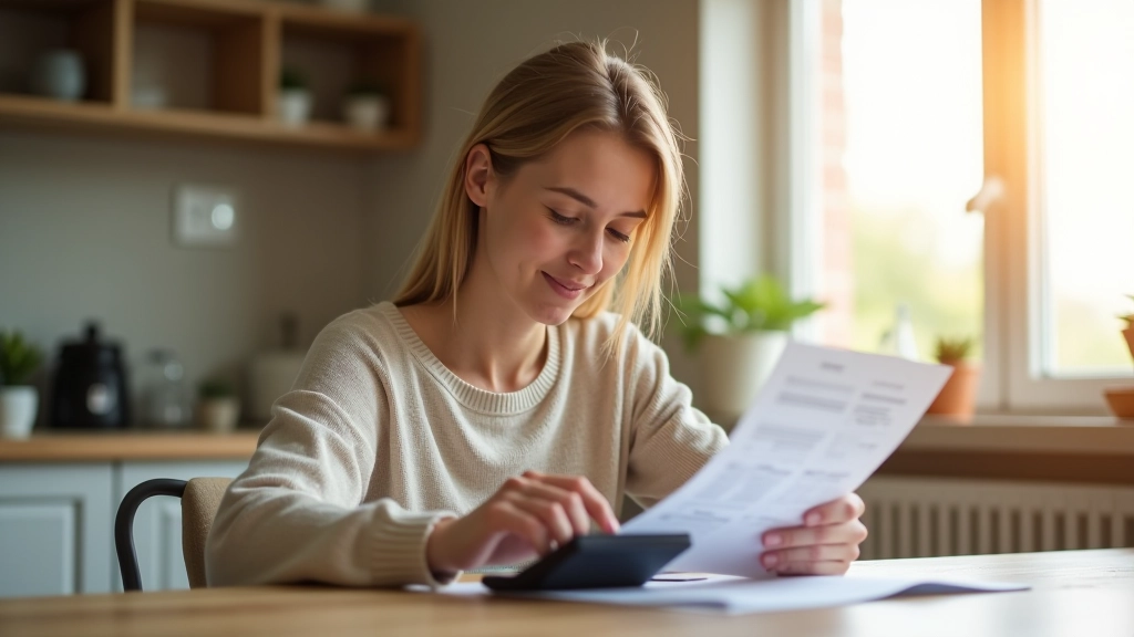 Person sitzt am Küchentisch mit Energierechnung und Taschenrechner