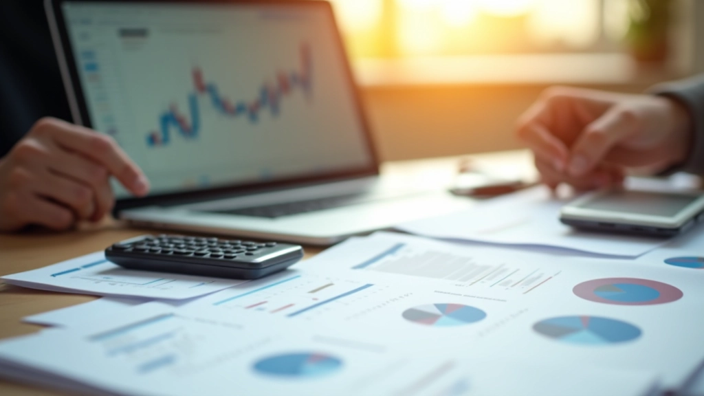 Modererner Arbeitsplatz mit Laptop, Taschenrechner und Wirtschaftsberichten